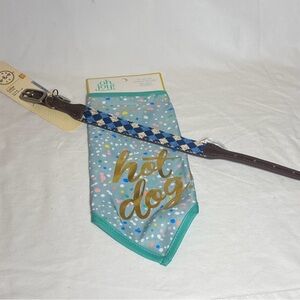 Blue and Cream Argyle Leather Dog Collar and Fun Polka-dotted “hot dog” Bandana